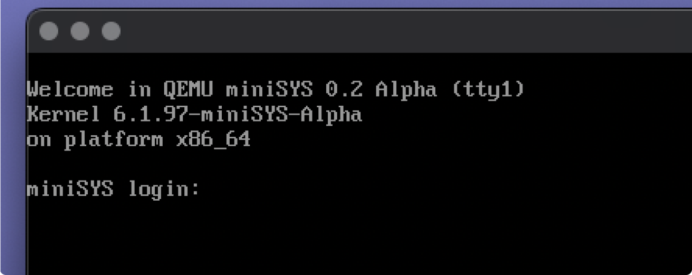 Minimal System запущений з-під QEMU на macOS.